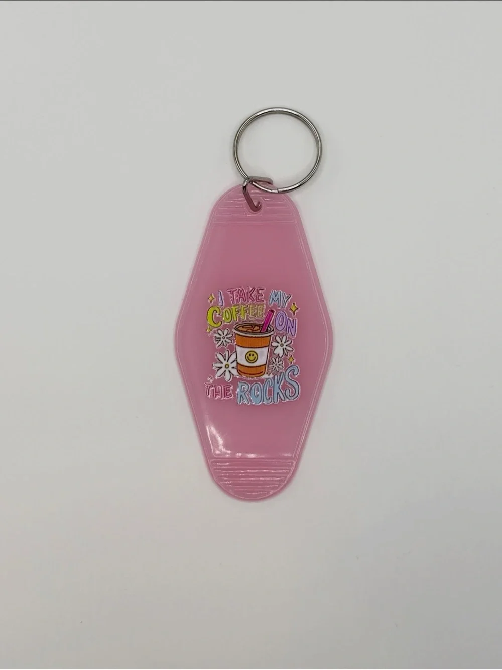 Pink Retro Motel Keychain - 'I Take My Coffee On The Rocks'